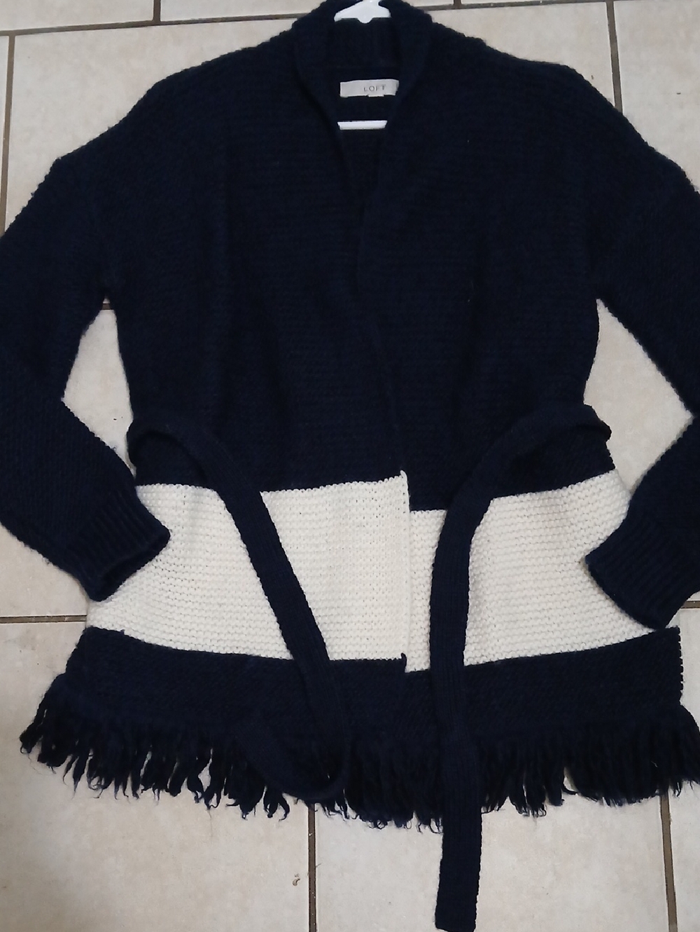 LOFT Womens Size M Navy and Cream Fringe Belted Knit Cardigan